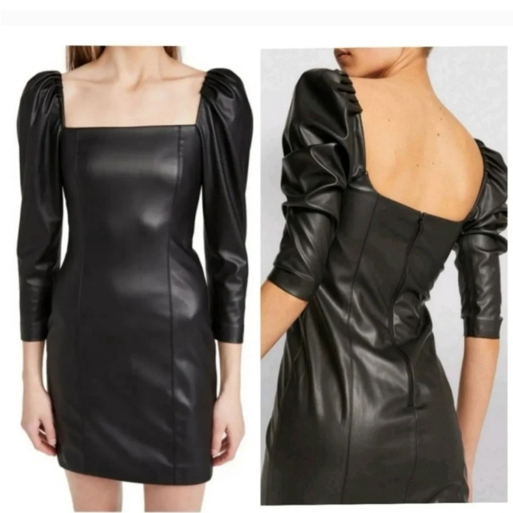 Alice + Olivia Black Faux Leather Long Sleeve Dress - Picture 2 of 7